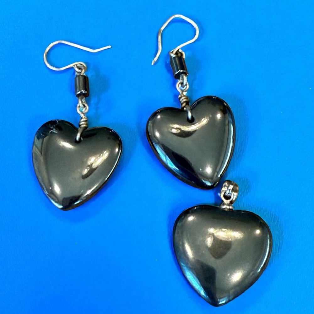 Hematite Heart Pierced Earrings & Heart Pendant Jewelry Set